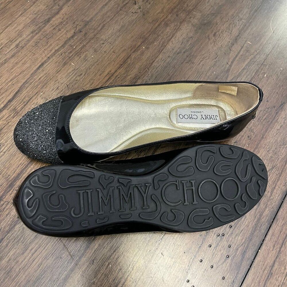 Jimmy Choo Black Patent Leather Silver Glitter Toe Ballet Flat Size 37.5